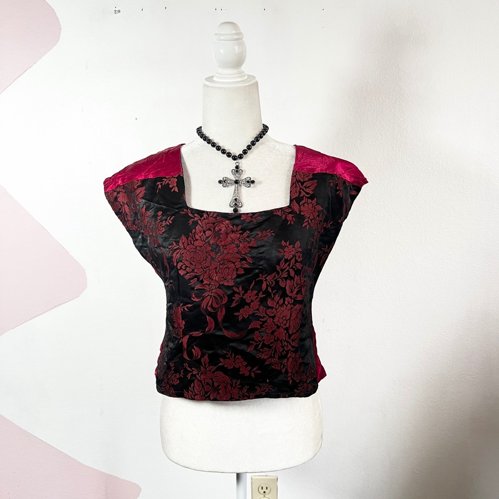 Vintage 90s Floral Brocade Top Womens Small Red Black Vampire Gothic Victorian - Picture 1 of 4